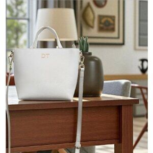 TDE White Structured Leather Tote Bag DT Logo Gold Hardware Crossbody Strap
